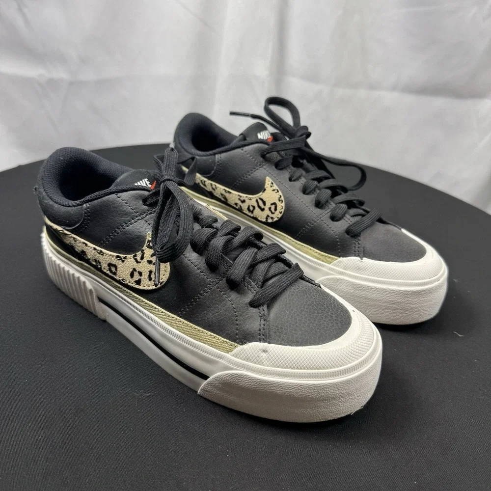 Nike Court Legacy Lift Shoe Womens Size 7 Leather Black Leopard Swoosh Sneaker - Picture 2 of 7